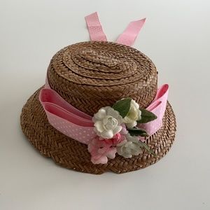 VINTAGE STRAW DOLL’S HAT WITH FLOWERS AND PINK POLKA DOT RIBBON BOW